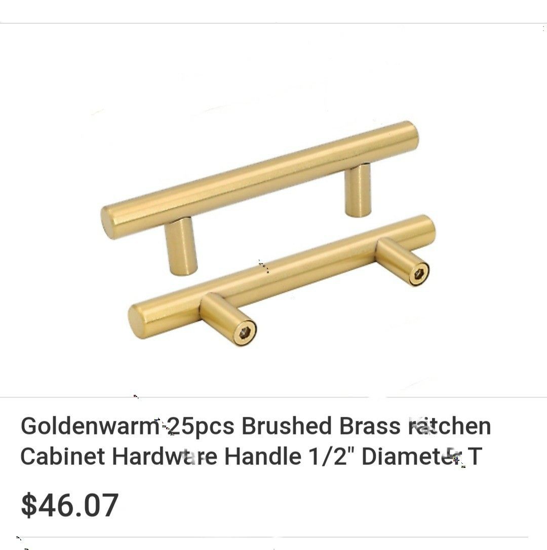 Golden warm 25Pcs Brushed Brass Kitchen Cabinet Pulls Hardware 1/2" Diameter 5 Inch 3" center