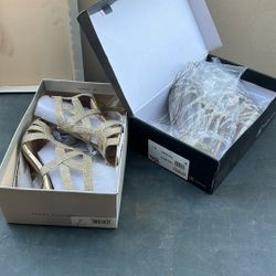 Two pairs of Marc Fisher gold/ INC champagne strappy heels, size 8M.