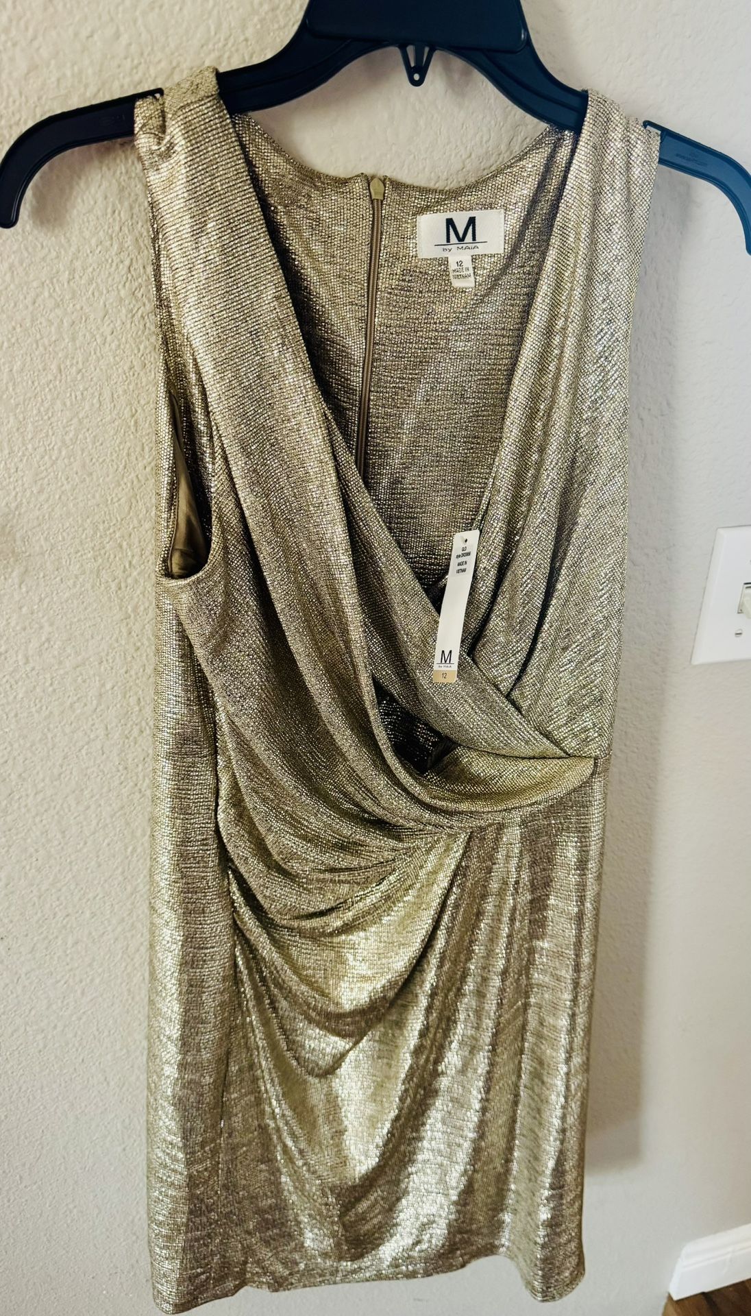 M By Maia Metallic Gold Draped Body Contouring V-Neck Dress