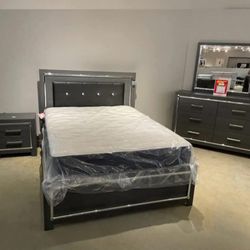 Gray LED Panel Bedroom Set Bed, Dresser, Mirror, Nightstand, Chest. Queen & King Set 