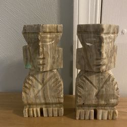2-Vintage Carved Aztec Mayan Tiki Stone Bookends Onyx Marble STATUE SCULPTURES