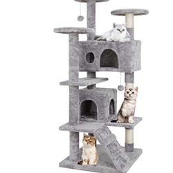 53 inches Cat Tree with Sisal-Covered Scratching Posts and 2 Plush Rooms Cat Furniture for Kittens (