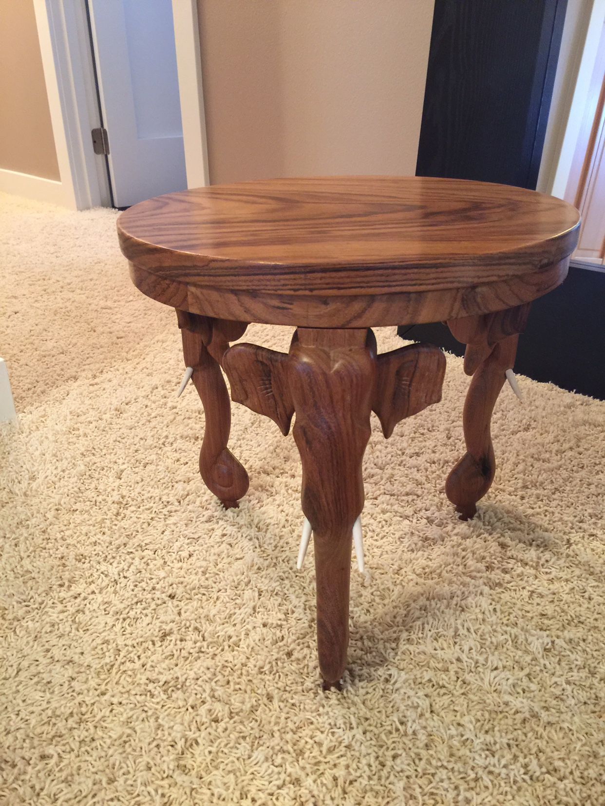 Vintage Hand Carved Elephant Table & 3 Elephants