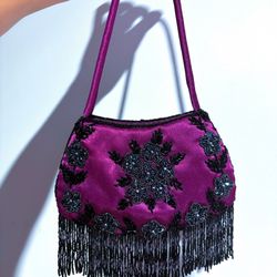 ✨ VINTAGE RARE 50s SMALL BEADED SATIN MINI PURSE PLUM DANGLY BEADED FRINGE ✨
