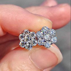 2 Carat Flower Shaped Moissanite 18kt Gold Plated Sterling Silver Earrings.