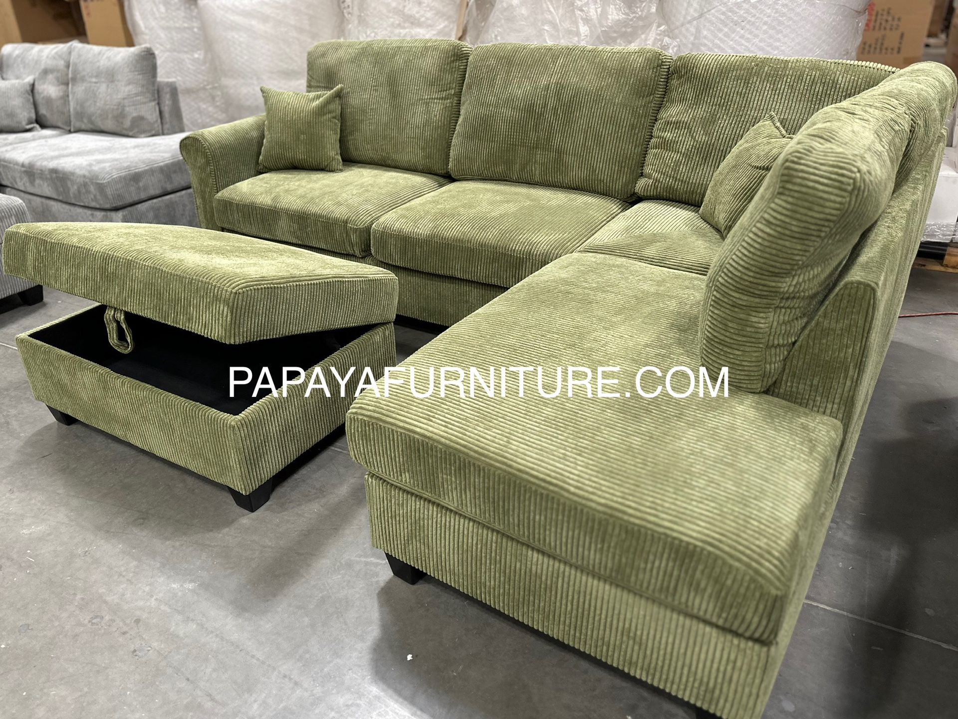 New! Plush Avocado Green Sectional, Sectional And Storage Ottoman, Sectionals, Sofa, Couch, Beige Couch, green Couch, Corduroy Sectional, USB Charger 