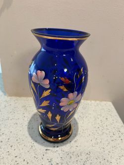 Gorgeous Vase. Decorated Glass. Blue And Gold Pattern.  9,5 Inches  High.  Great Present .