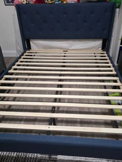 Navy Blue Upholstered Bed Frame with Headboard