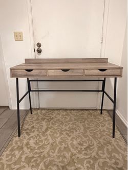 Modern Rustic Writing Desk with 3 Drawers – Wood & Black Metal Frame