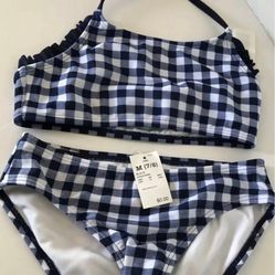 girls bikini size 7/8 medium bathing suit 2 piece set blue plaid 
