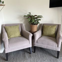 Pair of Modern Accent Chairs - Neutral Beige with Cushions