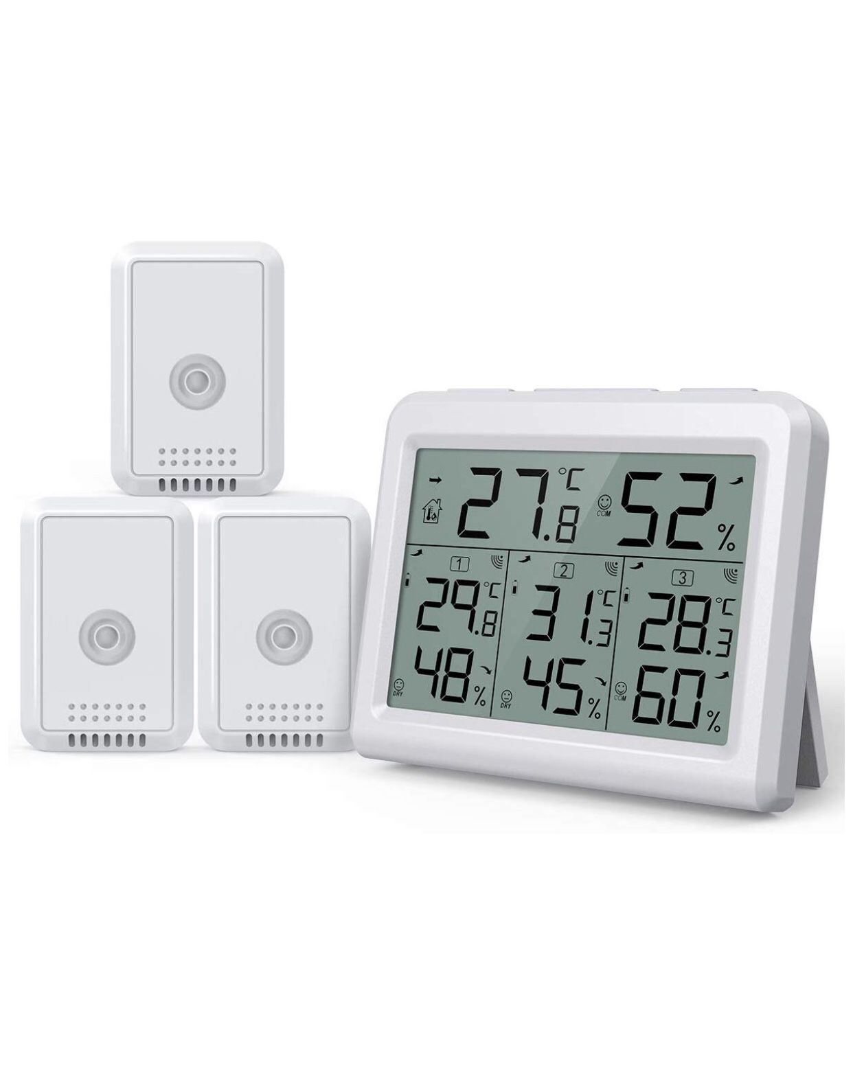 Indoor Outdoor Thermometer, 3 Channels Digital Hygrometer Thermometer with 3 Sensor, Humidity Monitor Wireless with LCD Display, Room Thermometer an