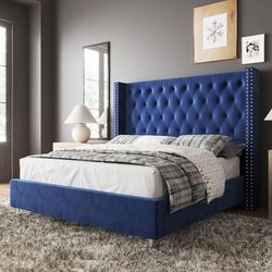 Queen Bed Frame Upholstered Bed Wingback Headboard(blue Or Grey)