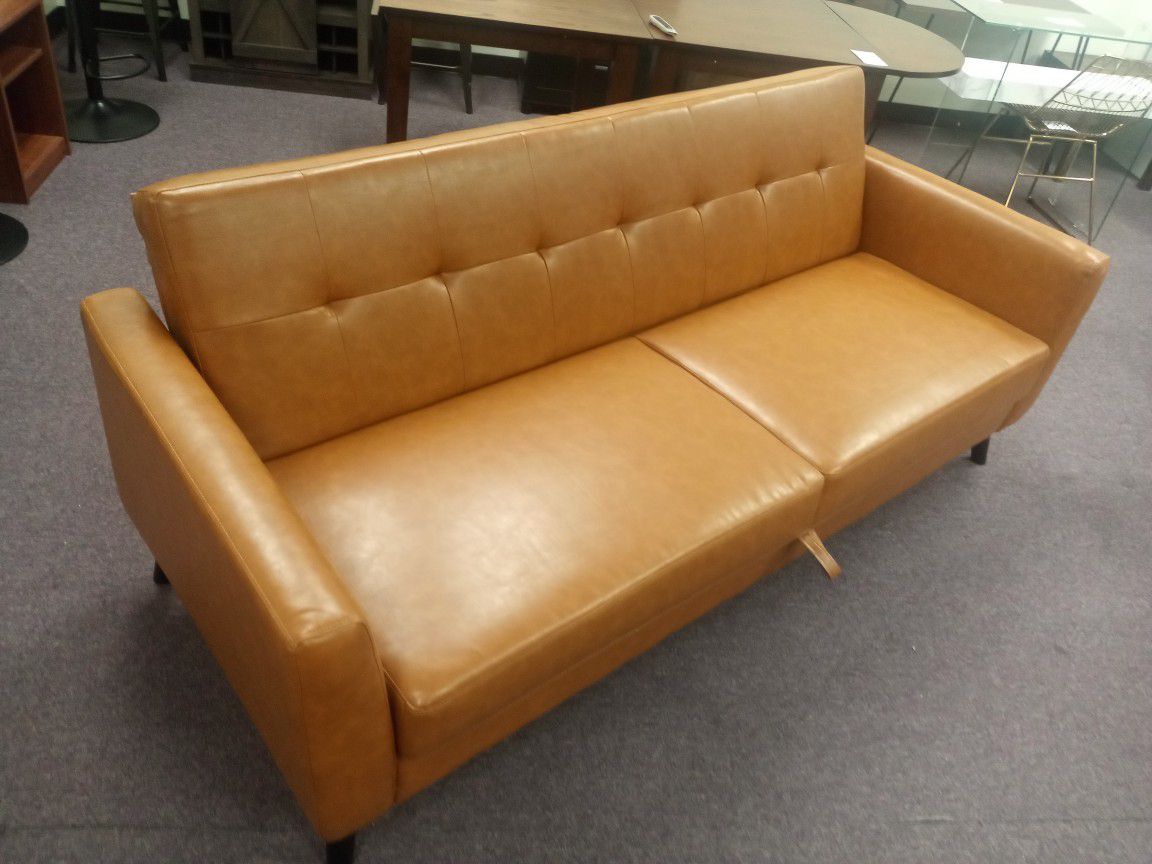 Camel Leather Futon Couch With Storage 