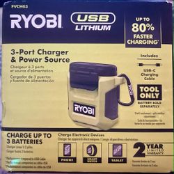 “New Sealed RYOBI USB Lithium 3-Port Charger & Power Source FVCH03 - Tool Only w/ Cable”