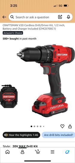 CRAFTSMAN V20 Cordless Drill/Driver Kit, 1/2 inch, Battery and Charger Included (CMCD700C1)