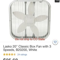 Lasko 20 inches Classic Box Fan With 3 Speeds Like New Used One Time 