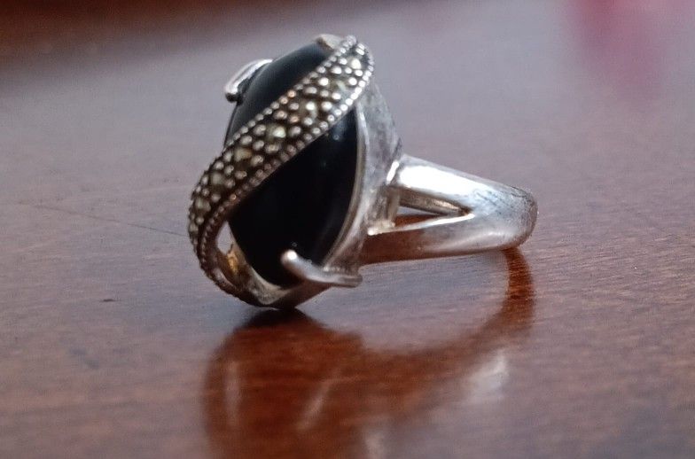 925 Silver Ring Black Onyx & Diamond Snake Design 4g Size 5 Vintage Art Deco