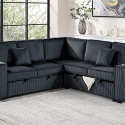 BLACK Or GRAY CORDUROY CONVERTIBLE SECTIONAL WITH PULLOUT 