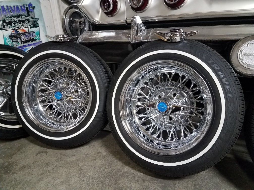 14x7 cragar tru spokes 50 spoke wire rims lowrider white wall tires like new 5 lug cash or trade