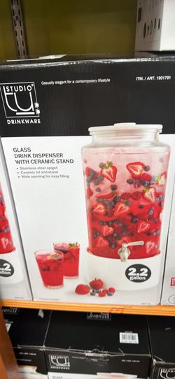 Studio TU 2.2 Gallon Glass Drink Dispenser with Ceramic Stand – New
