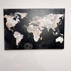 30x20 World Map Canvas Wall Art – Modern Black & Neutral Tones