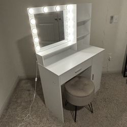 White Vanity Desk with Mirror, Lights, Drawer, Storage Shelves & Storage Stool