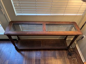 Vintage Mid Century Wood Glass Cane Console Entryway Entry Table