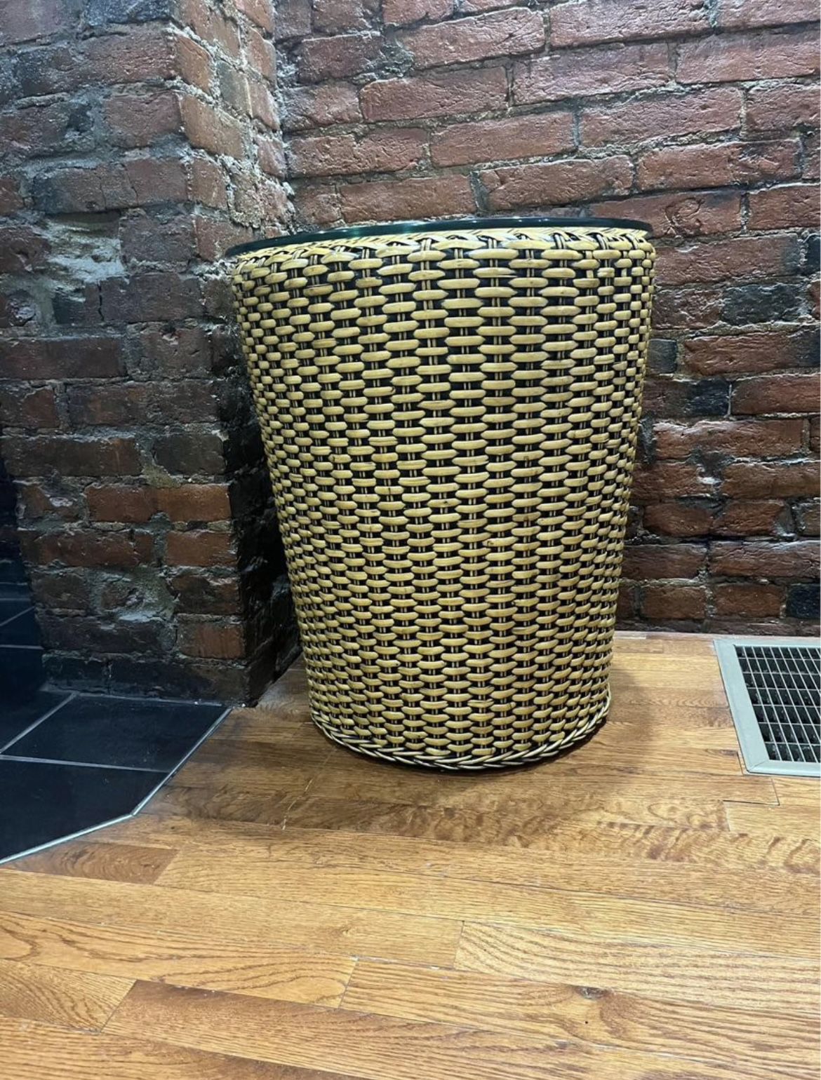 Vintage Rattan Drum Style Side Tables Glass Top