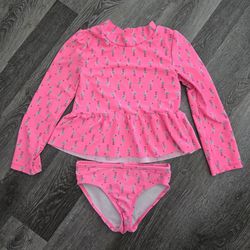 Girl pink 2 piece flamingo rashguard swimsuit