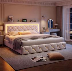 King Size Bed Frame with 4 Storage Drawers & Adjustable Tall Headboard,Soft Velvet King Bed Frame with Smart LED Lights & Charging Station,1100LB-Heav