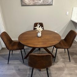 Brown Round Table(D45") and 4 Brown Faux Leather Chairs