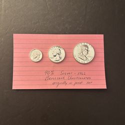 Coins – SILVER - Brilliant Uncirculated 90% SILVER  – originally Part of 1962 Proof Set – Total 3 Coins