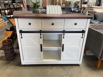 HAS SCRATCHES Assembled New 54”Farmhouse Kitchen Island on 5 Wheels w/ Drop Leaf Table Power Outlet