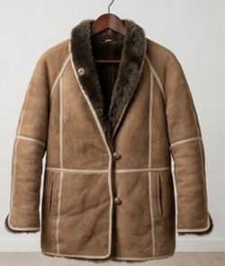 Vintage Exclusive Shearling BrownCoat Fur Trim Lined Button Pockets Unisex***