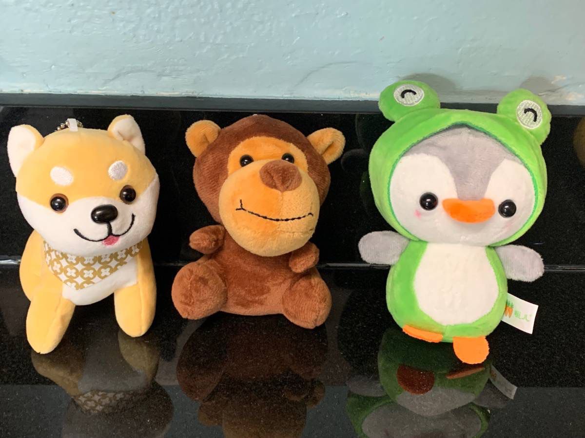 🐶🐒🐧 3 Adorable Stuffed Animals, 6” tall, Chains/Loops (brand new)