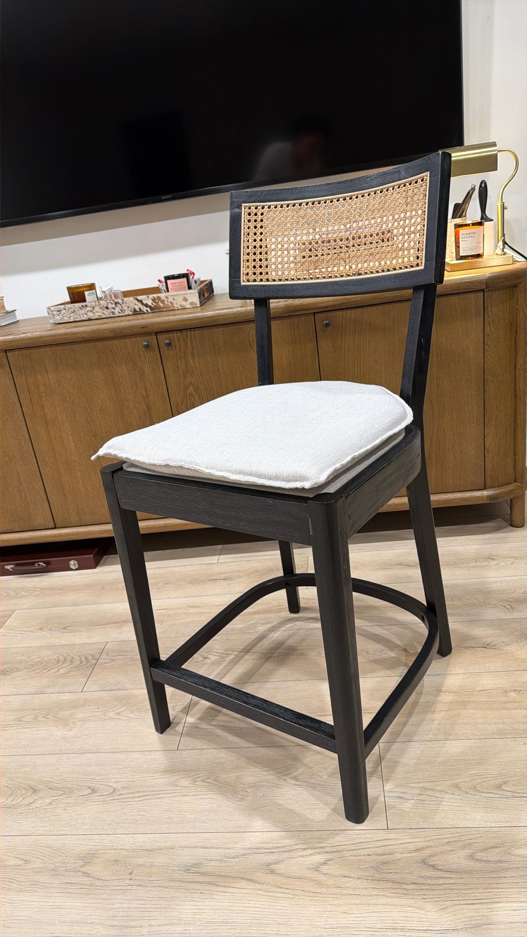 Linen Counter Height Bar Stools, 26" Modern Rattan Counter Stools with Cane Back, Mid Century Bar Chairs for Kitchen Counter/Home Bar/Restaurant, Set