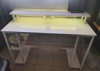White Desk with Elevated Monitor Shelf and side shelves with LED lighting