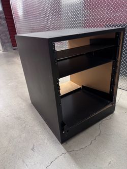 Black Wooden Studio Rack Cabinet with Shelves and Wheels