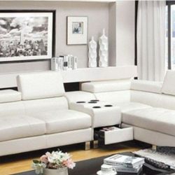 🔥🔥🔥 Brand New White Leather Modern Style Sectional Sofa w Speaker Console 🔥🔥🔥