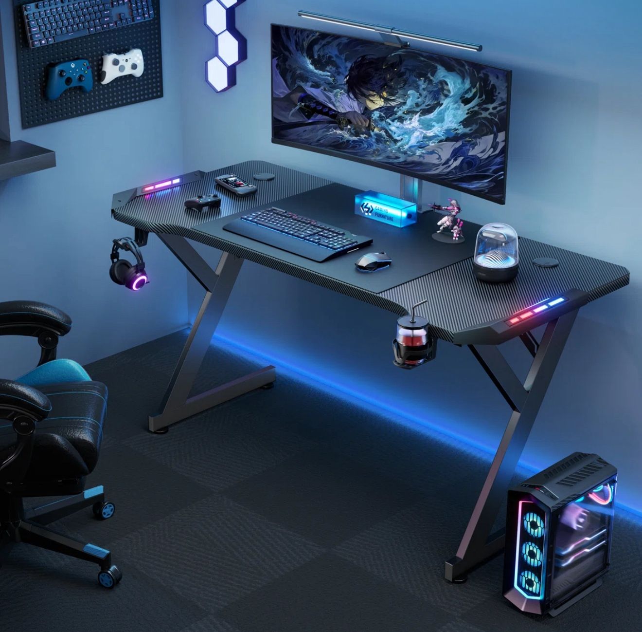 Gaming Desk with LED Lights,Carbon Fiber Surface RGB Gaming Computer Table, ColorCup Holder and Headphone Hook