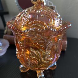 Vintage Imperial Marigold Carnival Glass Candy Dish with Lid