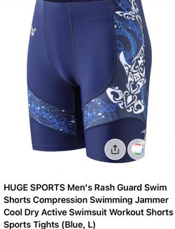 HUGE SPORTS Men's Rash Guard Swim Shorts Compression Tights (Blue, L)