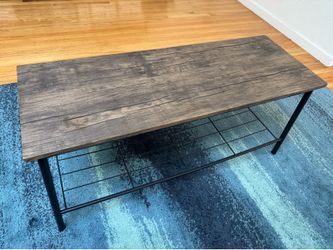 Industrial Coffee Table w/ Curved Mesh Shelf (Rustic Wood Look)