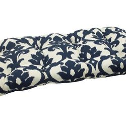 Pillow Perfect Damask Indoor/Outdoor Sofa Setee Swing Cushion, Tufted, Weather, and Fade Resistant, 19" x 44", Blue/White Basalto, 1 Count

