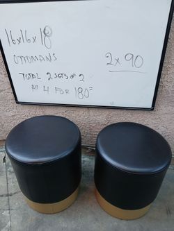 Set of 2 Round Black Leather Ottomans