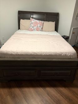 Dark Gray Wood Sleigh Bed Frame with Storage