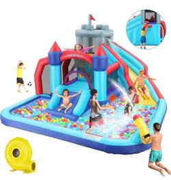 Inflatable Bounce House Castle Playground Slide Water Cannon Climbing Wall Soccer Goal Basketball Hoop 13x13x8H