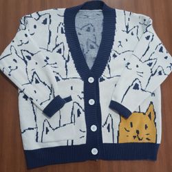Cat Cardigan Sweater Jumper All Over Print Cat Lady Blue White Button Up  Large