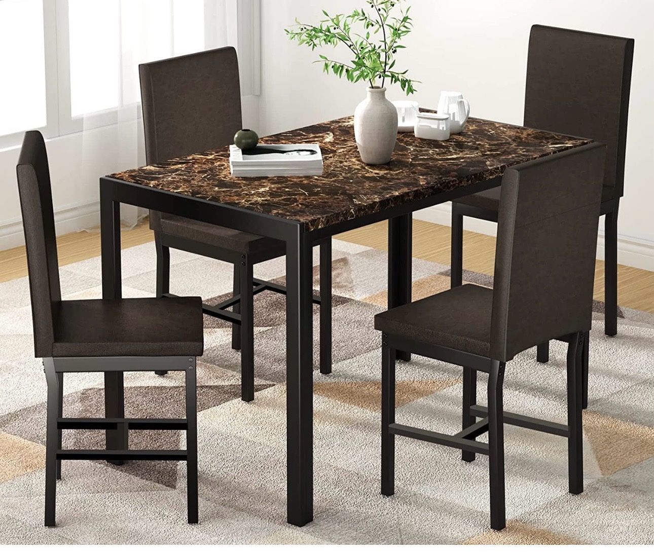 Recaceik 5-Piece Marble Dining Table Set with 4 Pu Leather Metal Frame Chairs for 4, 31.2"H Table